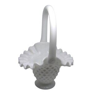Vintage Fenton White Milk Glass Hobnail Basket with Ruffled Edge and Handle